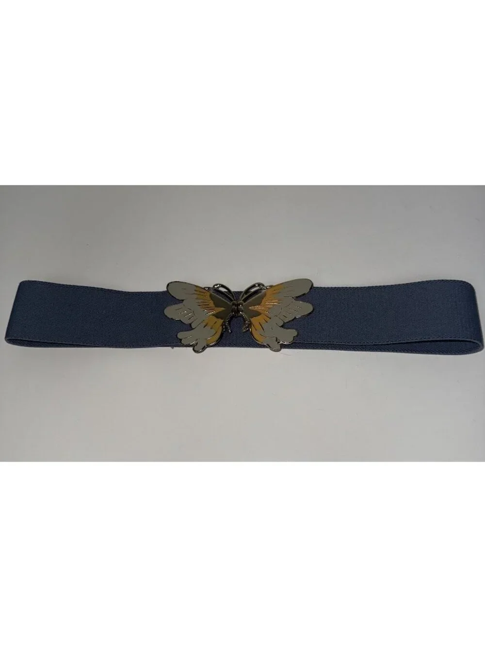 Vintage 70s 80s Enamel Butterfly Buckle Blue Elastic Stretch Waist Belt